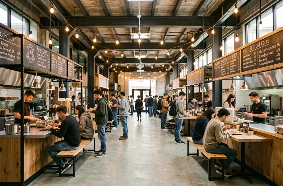 Espace food court industriel et moderne du 8.83 Food-Court avec comptoirs de restauration et tables communes