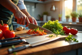 Set de couteaux de cuisine variés sur un plan de travail