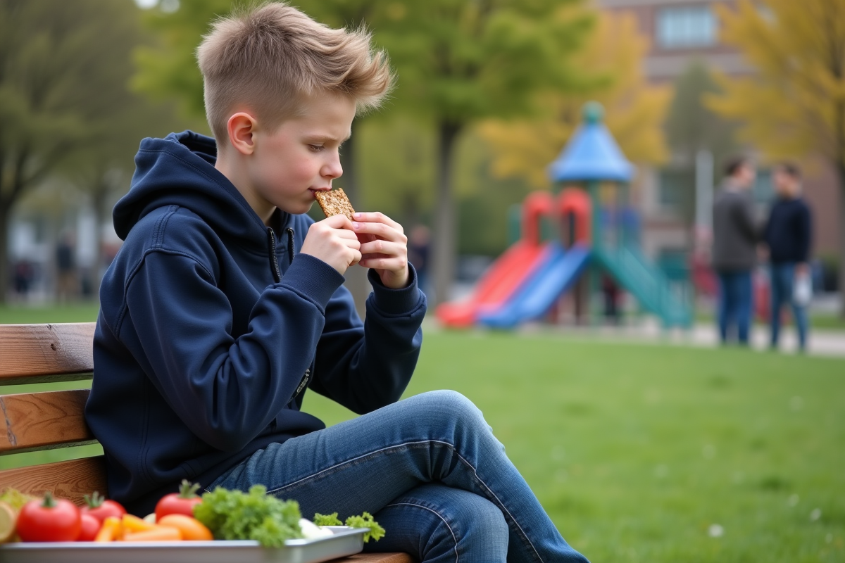 Adolescent croquant une barre de granola dans un parc