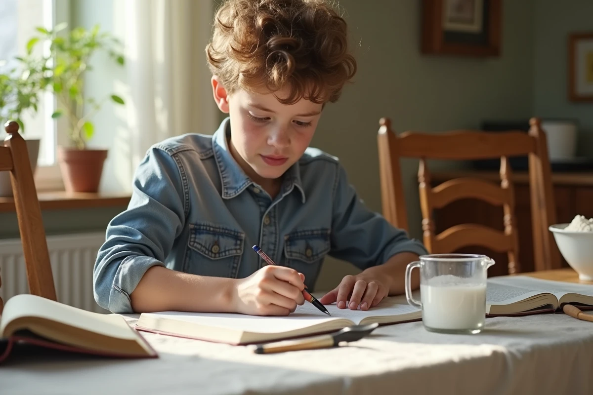 Adolescent prenant des notes dans un carnet de recette à la maison
