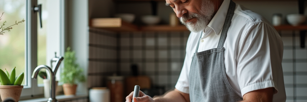 Homme en tablier gris affutant un couteau de cuisine