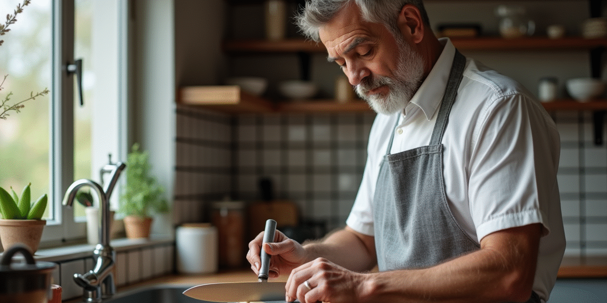 Homme en tablier gris affutant un couteau de cuisine