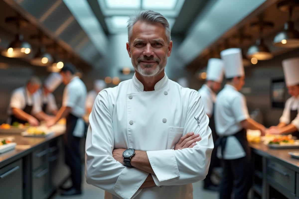 Chef cuisinier dirigeant une brigade internationale dans une cuisine d'hôtel de luxe, évoquant l'empire d'Alain Ducasse