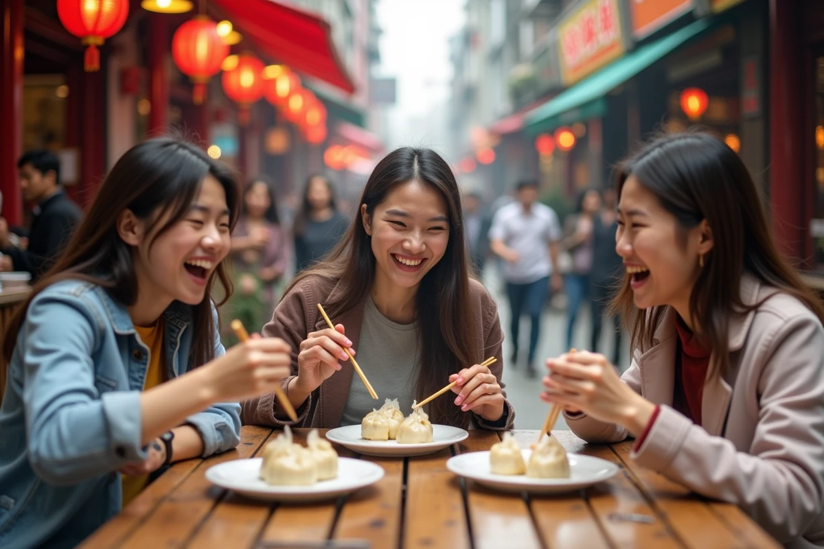 Trois amis dégustant des dumplings dans une rue animée