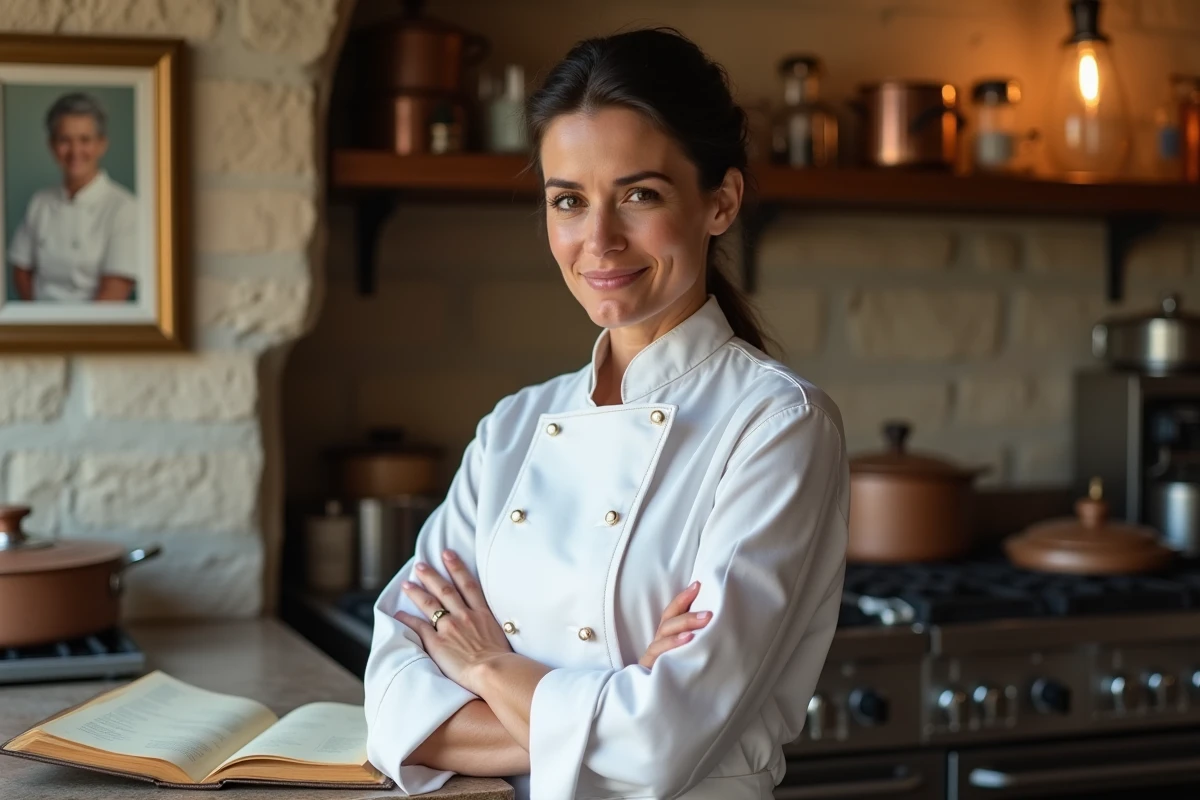 Cheffe cuisinière dans la cuisine familiale d'un restaurant gastronomique, évoquant Anne-Sophie Pic et la transmission familiale