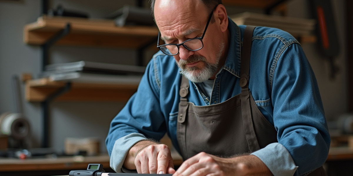 Artisan mesurant la lame d'un couteau avec un rapporteur digital