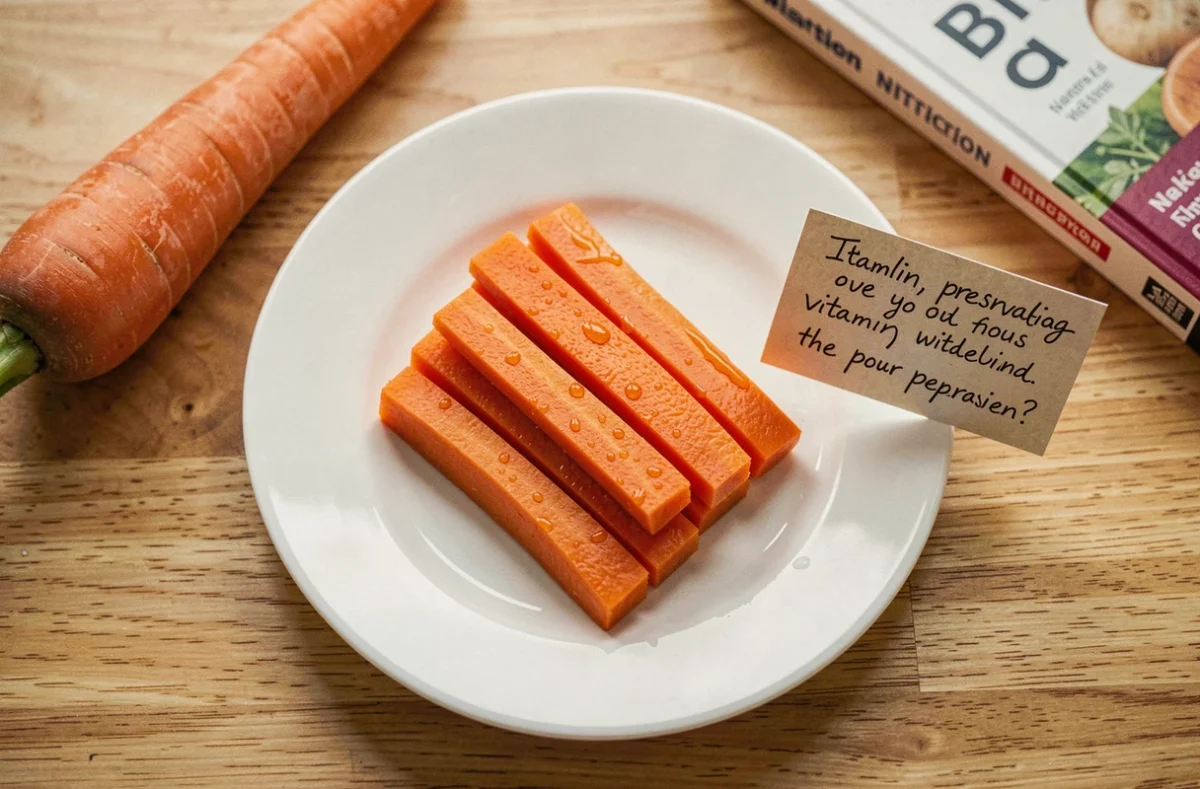 Assiette blanche avec des bâtonnets de carottes cuits à la vapeur sur une table en bois clair avec des notes manuscrites sur la préservation des vitamines