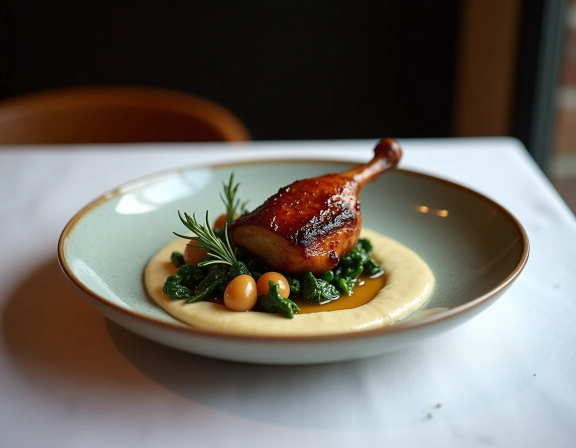 Assiette de confit de canard avec purée de flageolets et blettes, accompagnement sans gluten élégant pour restaurant