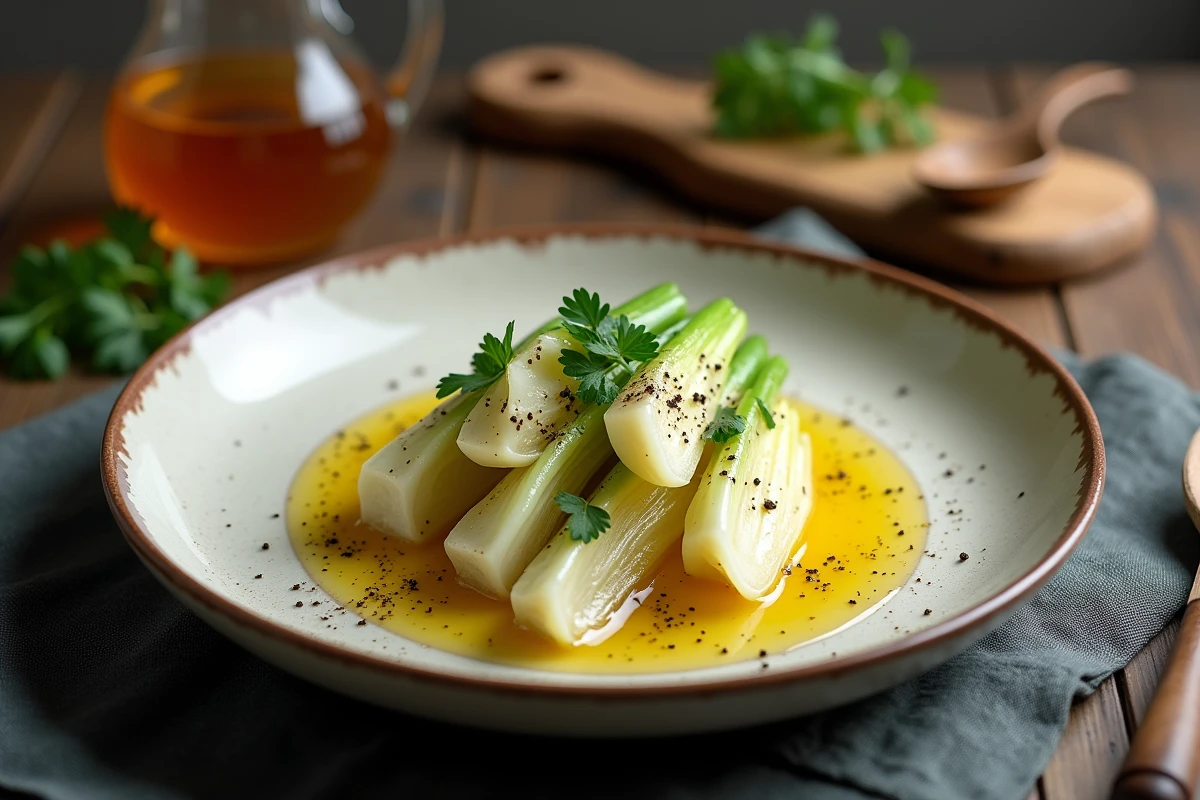 Assiette d'endives cuites à la vapeur avec bouillon réduit aux herbes, persil frais et parmesan sur une table en bois rustique