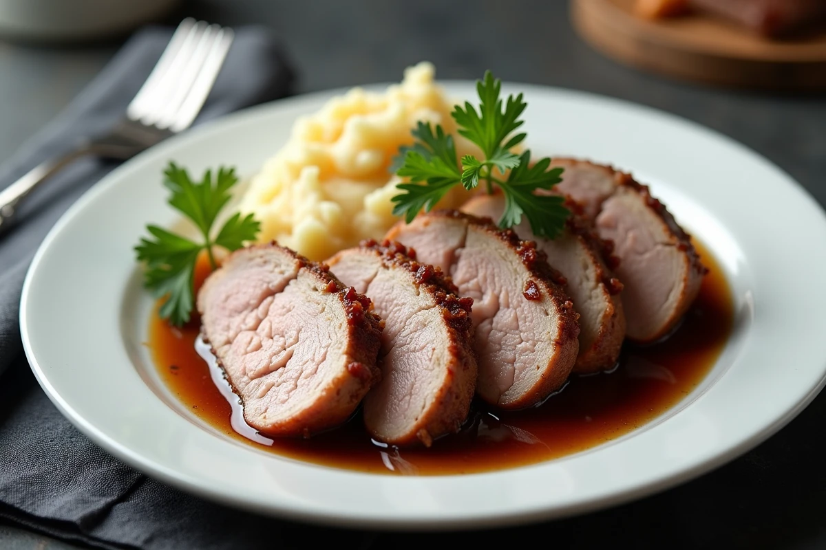 Assiette de rôti de porc fondant au jus de fond de veau servi avec purée maison et persil frais