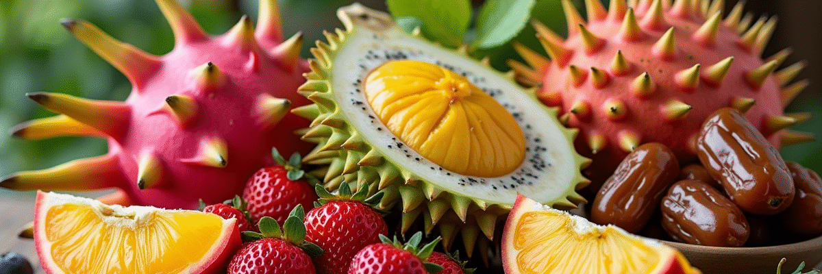 Assortiment de fruits exotiques débutant par D sur une table