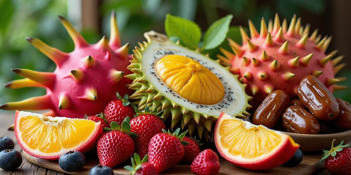 Assortiment de fruits exotiques débutant par D sur une table