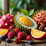 Assortiment de fruits exotiques débutant par D sur une table