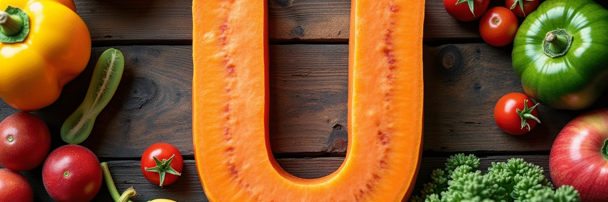 Assortiment de fruits et légumes commençant par U sur une table en bois