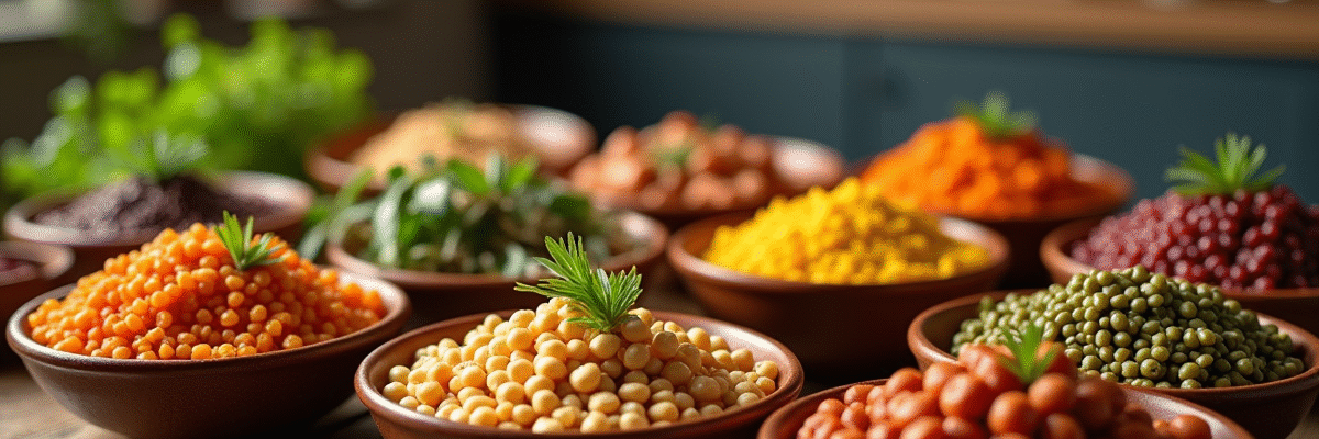 Assortiment de legumes cuits dans des bols élégants sur une table en bois