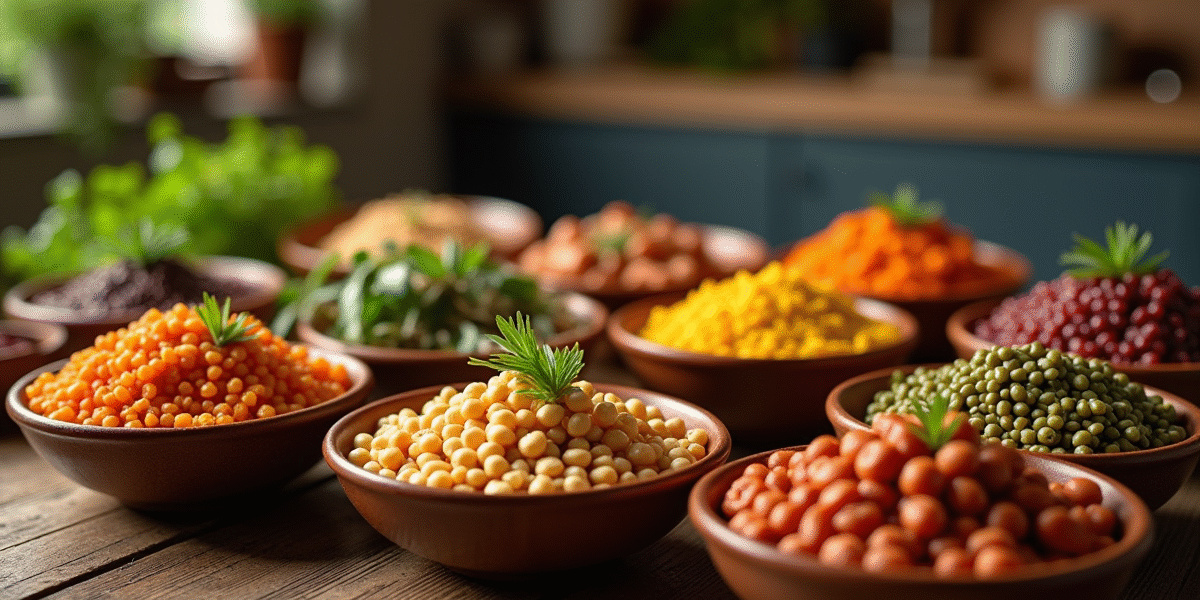 Assortiment de legumes cuits dans des bols élégants sur une table en bois