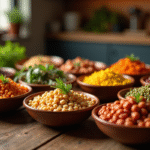 Assortiment de legumes cuits dans des bols élégants sur une table en bois