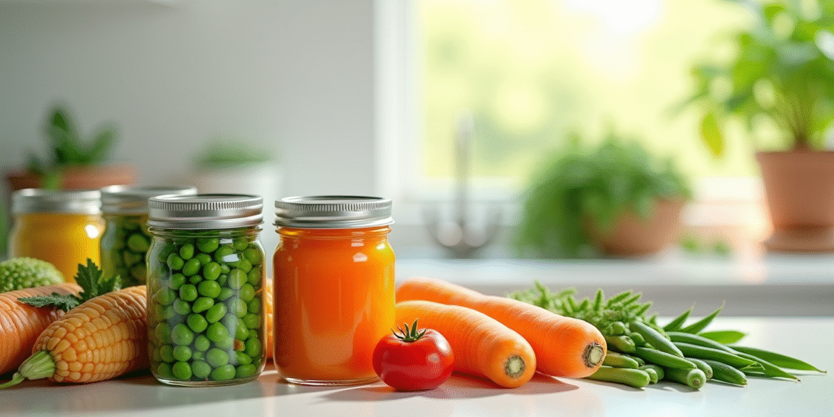 Assortiment coloré de légumes en conserve sur un plan de travail