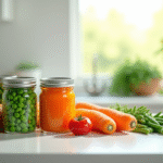 Assortiment coloré de légumes en conserve sur un plan de travail