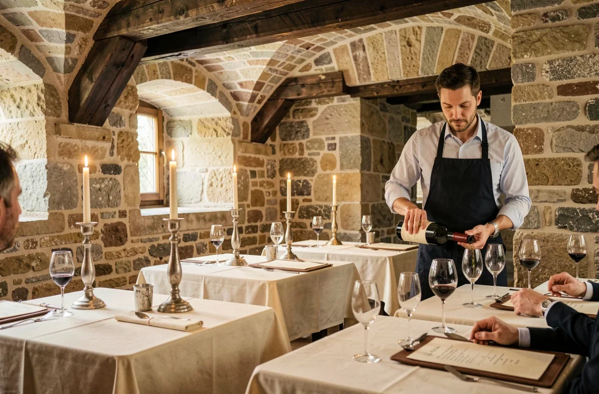 Salle voûtée en pierre de l'Auberge de l'Abbaye à Ambronay dans l'Ain avec tables dressées en lin blanc et sommelier servant le vin