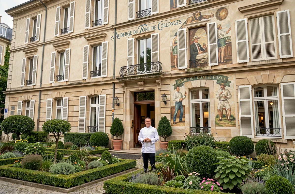 Façade iconique de l'Auberge du Pont de Collonges avec la fresque de Paul Bocuse et l'entrée fleurie près de Lyon