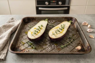 Aubergines coupées en deux et préparées pour la cuisson au four express avec huile d'olive, thym et sel sur une plaque à pâtisserie