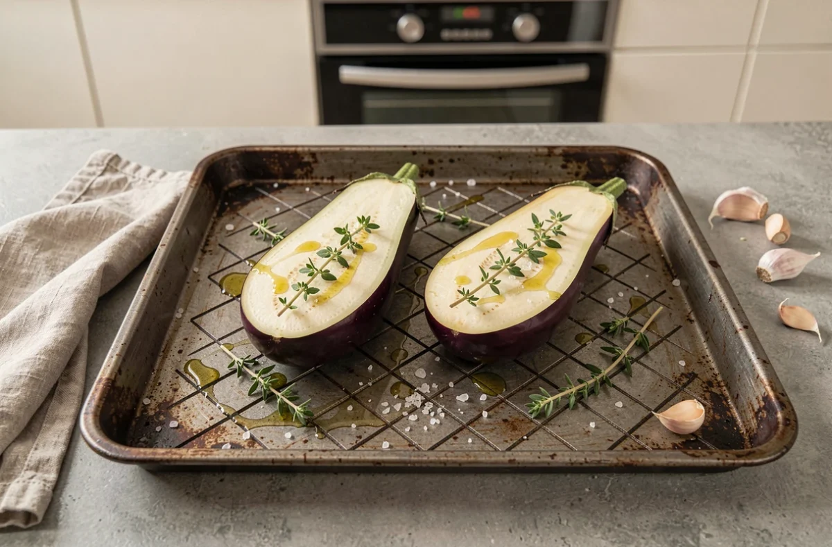 Aubergines coupées en deux et préparées pour la cuisson au four express avec huile d'olive, thym et sel sur une plaque à pâtisserie