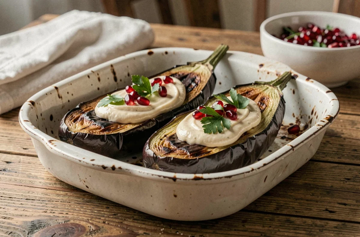 Aubergines rôties au four garnies de tahini, graines de grenade et persil frais servies dans un plat en céramique