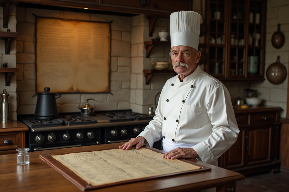 Portrait d'un chef cuisinier en tenue traditionnelle évoquant Auguste Escoffier, architecte de la brigade moderne