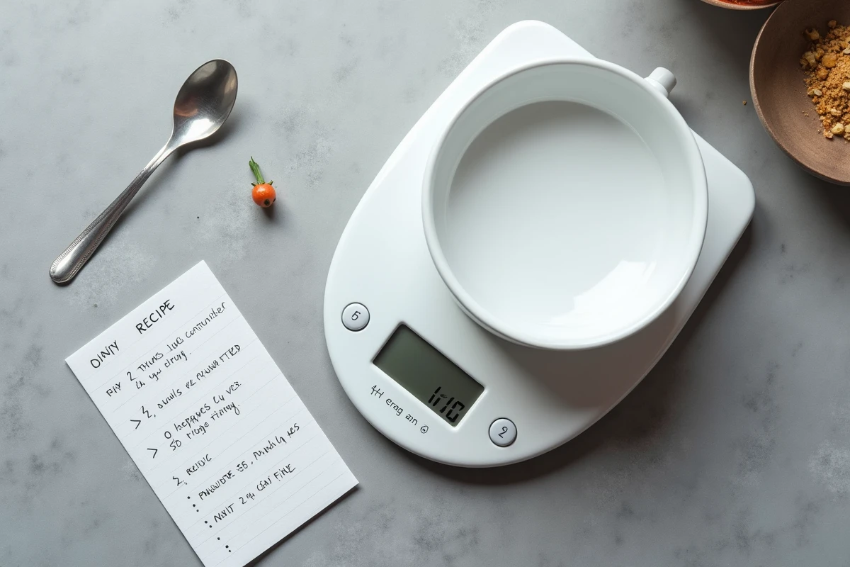 Balance de cuisine avec grammes affichés et fiche de conversion centilitres en grammes sur plan de travail gris