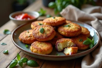 Assiette de beignets d'aubergine dorés et croustillants sans œuf ni lait, servis avec une sauce tomate maison sur une table en chêne rustique