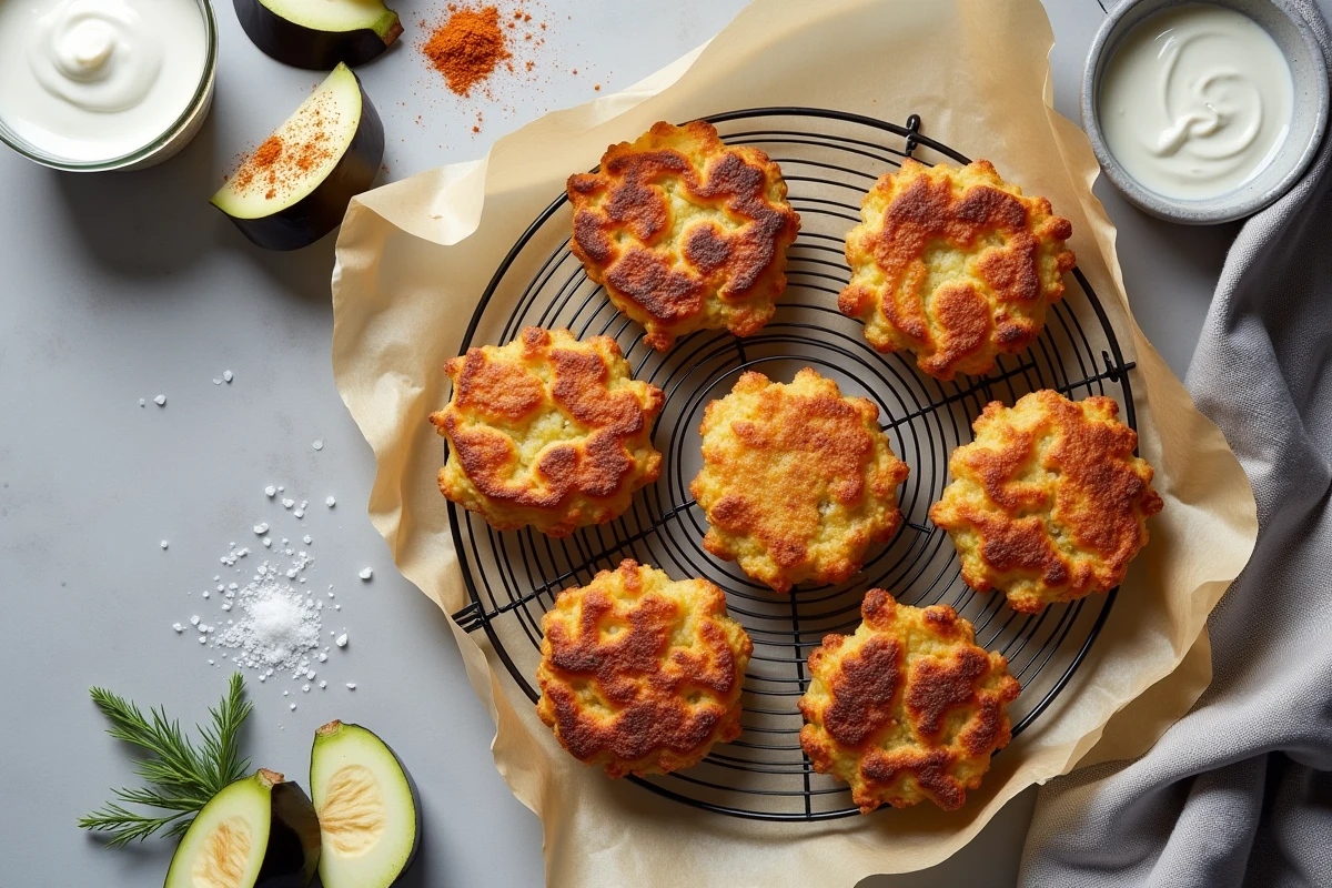 Vue de dessus de beignets d'aubergine vegan refroidissant sur une grille, entourés d'ingrédients sans œuf ni lait sur un plan de travail en pierre grise
