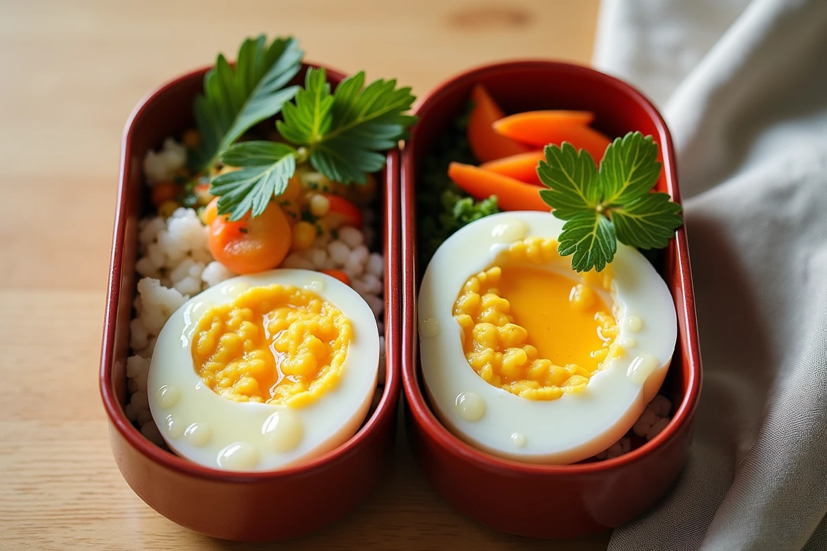 Deux bento boxes garnies d'œufs durs au jaune moelleux dorés, préparés avec la méthode eau froide, accompagnés de légumes colorés