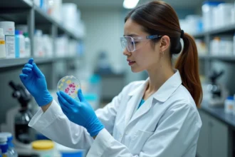 Jeune biologiste examinant une culture cellulaire en laboratoire