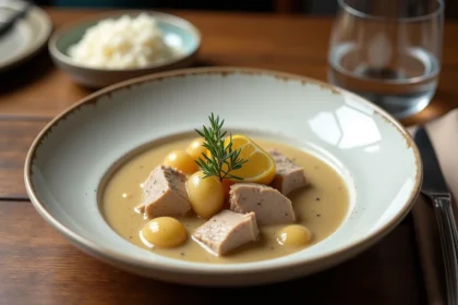 Blanquette de veau maison servie en bol blanc rustique avec riz et thym frais, style bistrot français