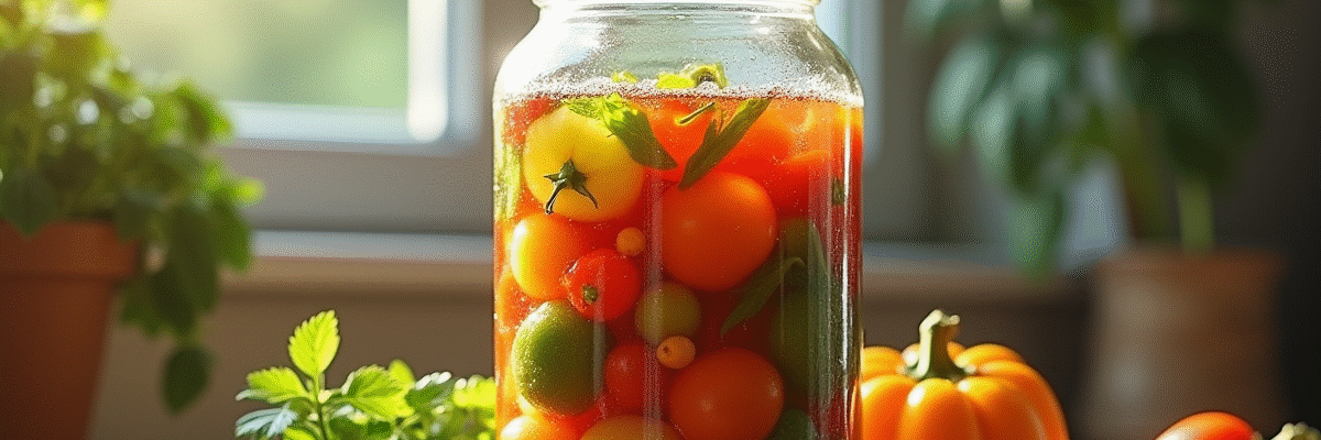Bocal rempli de légumes colorés fermentant sur un plan de travail
