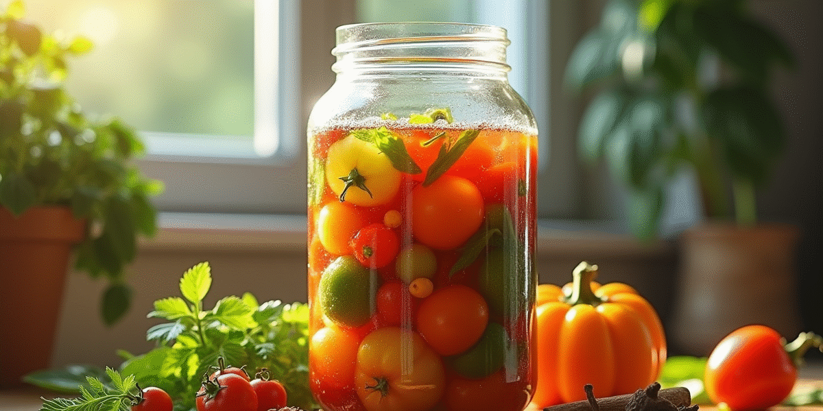 Bocal rempli de légumes colorés fermentant sur un plan de travail