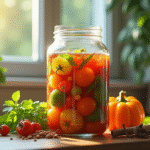 Bocal rempli de légumes colorés fermentant sur un plan de travail