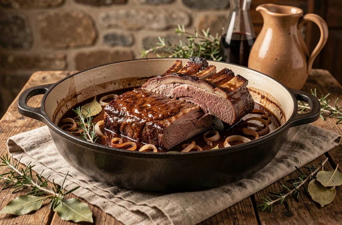 Côte de bœuf braisée ultra fondante dans une cocotte en fonte avec des échalotes caramélisées et des herbes fraîches pour une cuisson longue attendrissante