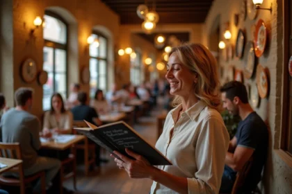 Femme lisant le menu d'un bouchon lyonnais typique avec murs en pierre et décor vintage