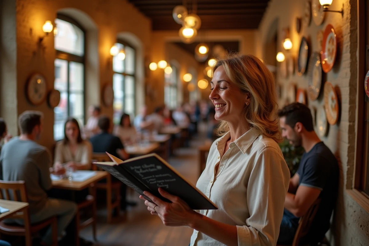 Femme lisant le menu d'un bouchon lyonnais typique avec murs en pierre et décor vintage
