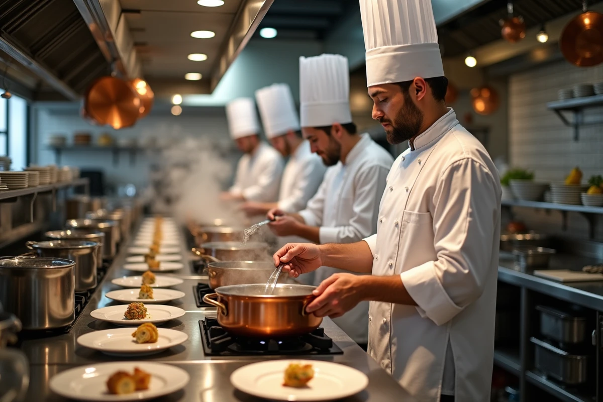 Brigade de cuisine française en plein service dans un grand restaurant gastronomique
