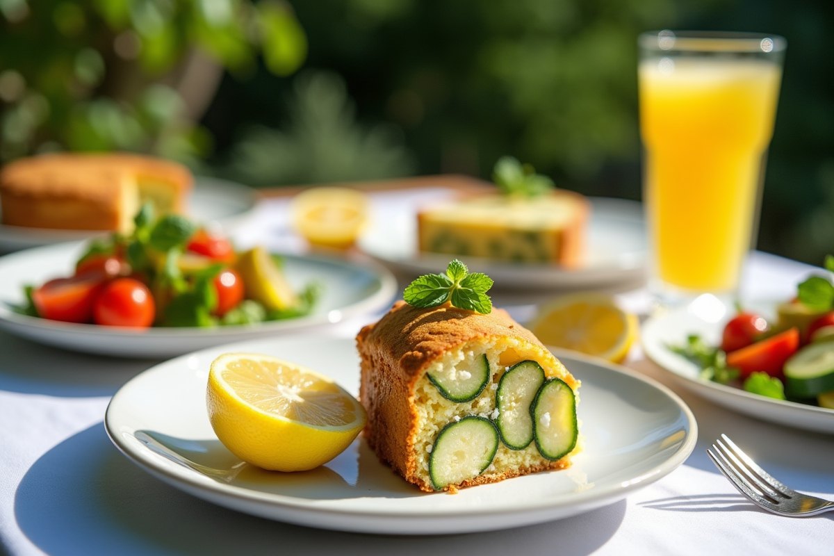 Brunch en plein air avec parts de gâteau zucchini feta et salade colorée