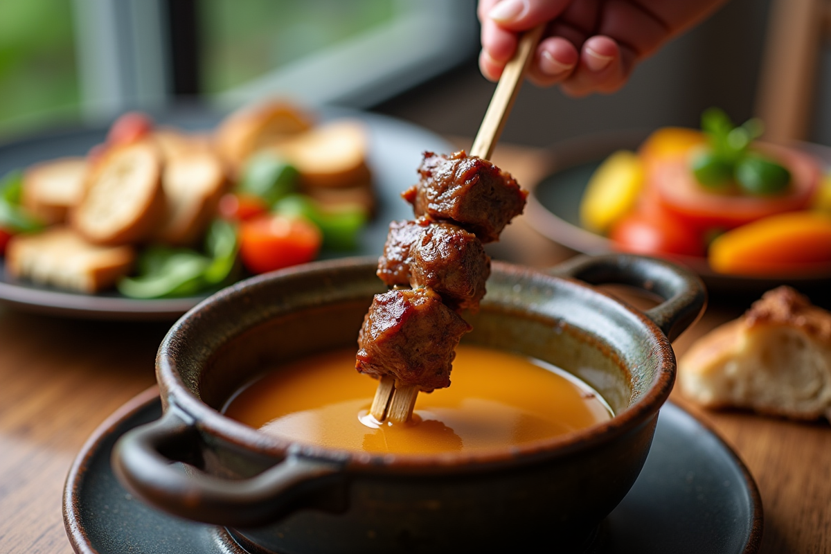 Gros plan sur bœuf enfoncé dans la fondue avec légumes