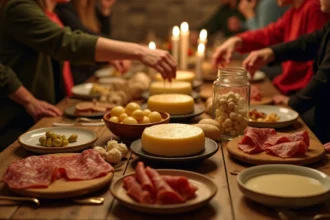 Table de raclette dressée pour 10 personnes avec fromages fondus, charcuterie et pommes de terre sur une table en bois rustique