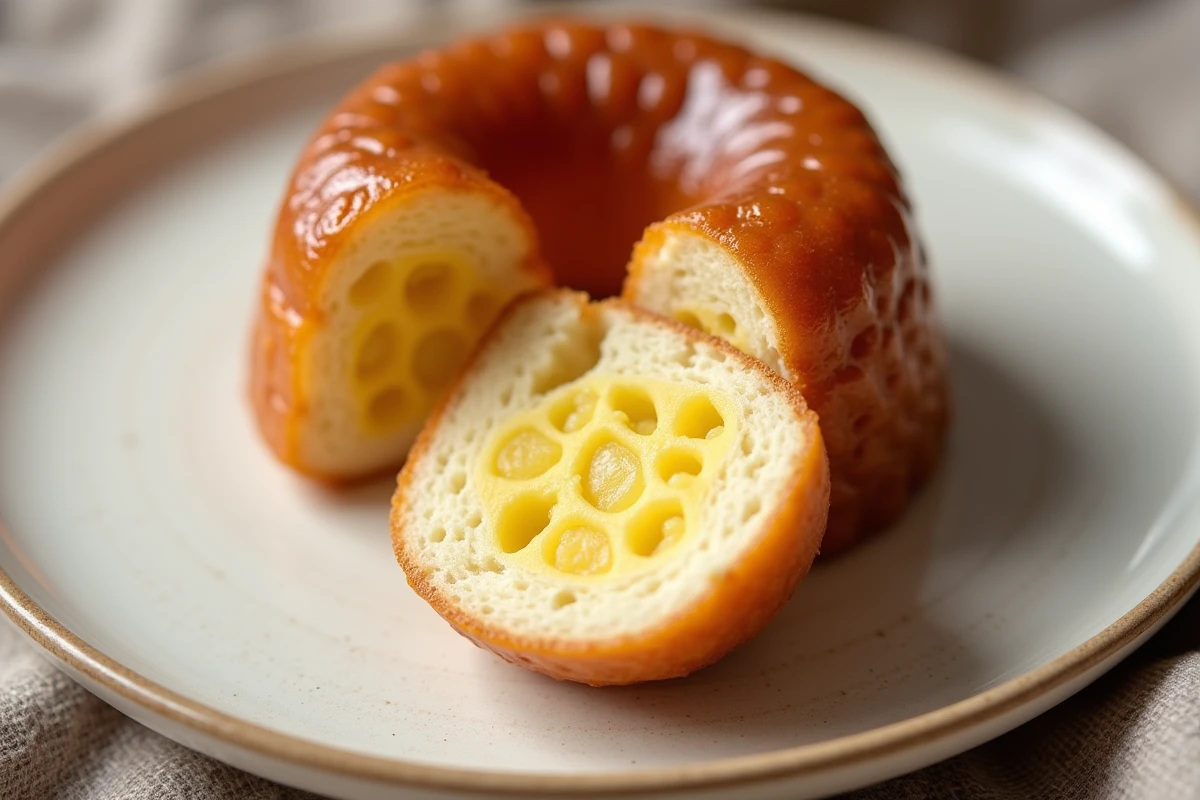 Canelé coupé en deux montrant l'intérieur moelleux et la croûte caramélisée sur assiette en céramique