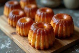 Canelés fraîchement cuits sur une planche en bois avec une croûte caramélisée brillante et dorée