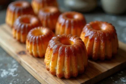 Canelés fraîchement cuits sur une planche en bois avec une croûte caramélisée brillante et dorée