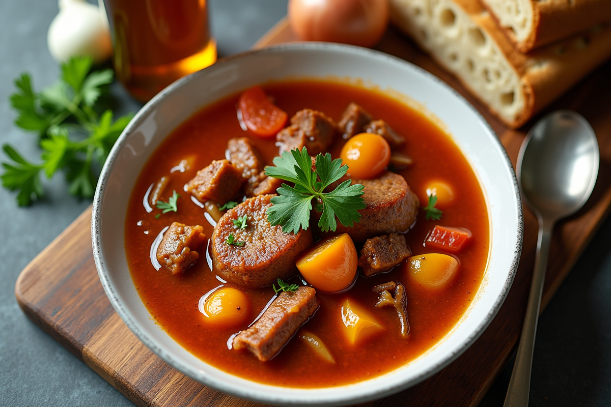 Carbonade flamande en bol blanc avec ingrédients autour