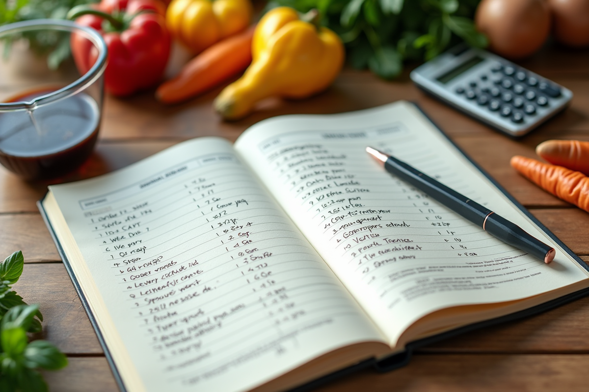 Carnet de recettes ouvert avec notes de conversion en cuisine
